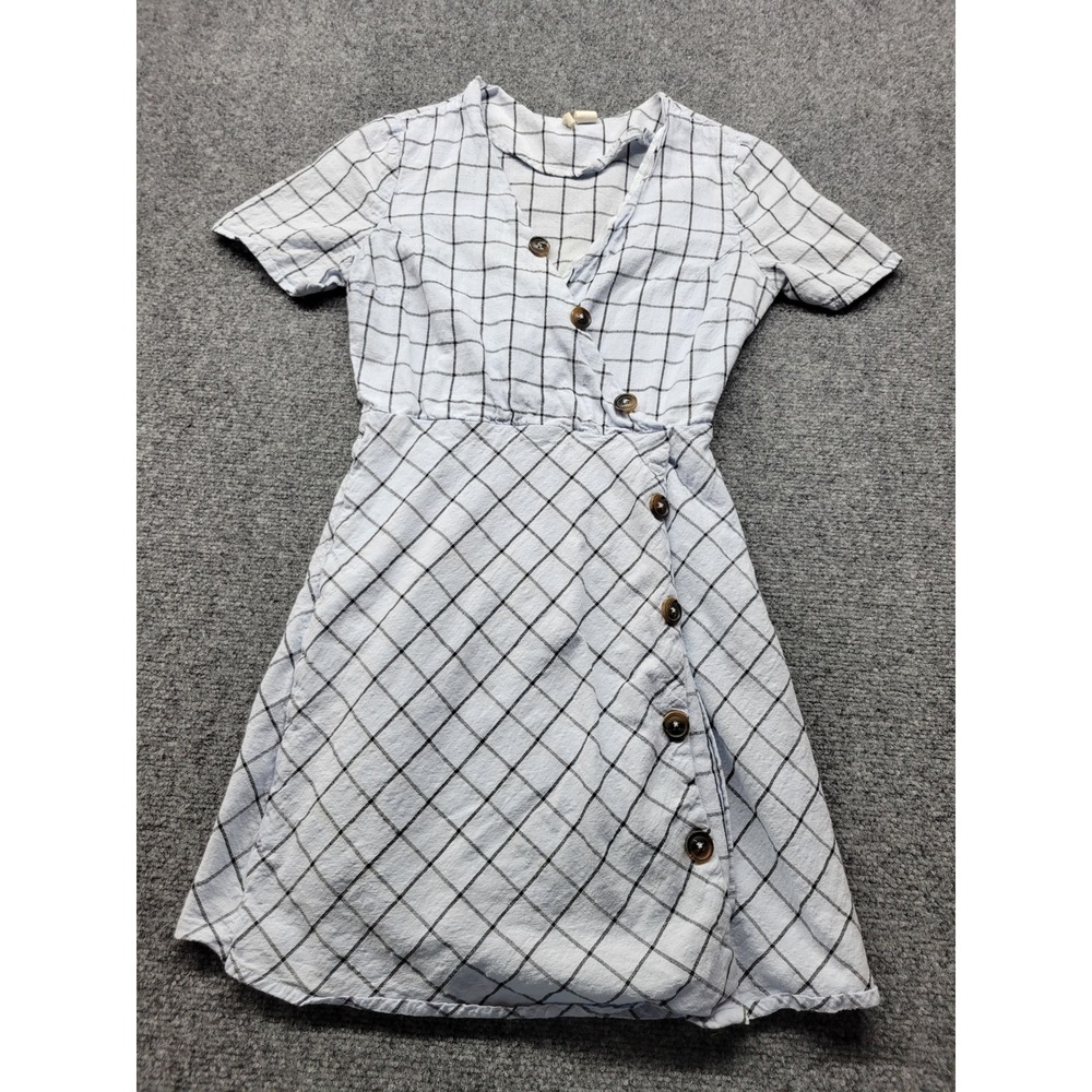 Japna Womens Blue Black Grid Plaid Cotton Faux Wrap Mini Dress Small